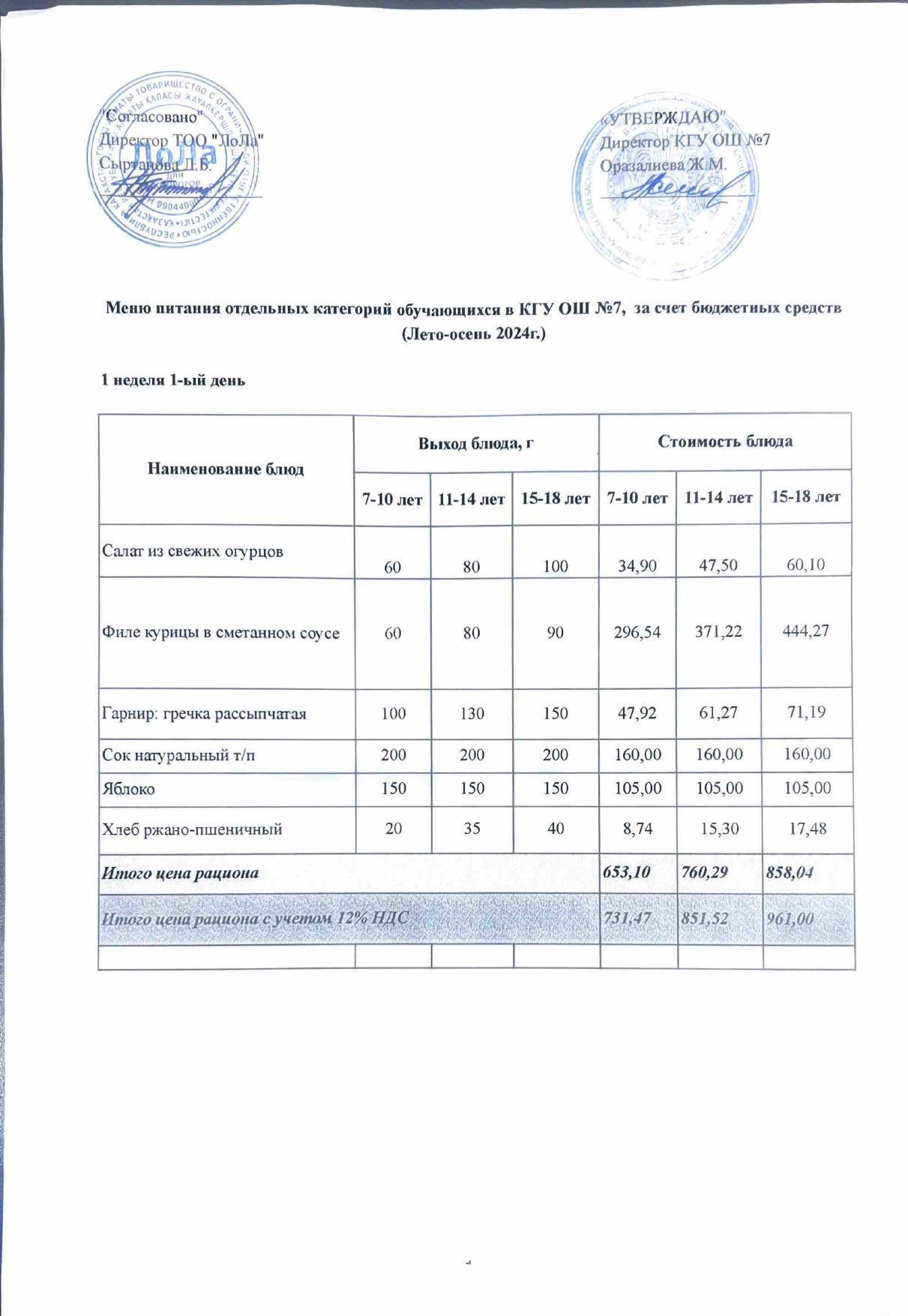 Ас мәзірі 1 апта 1 күн