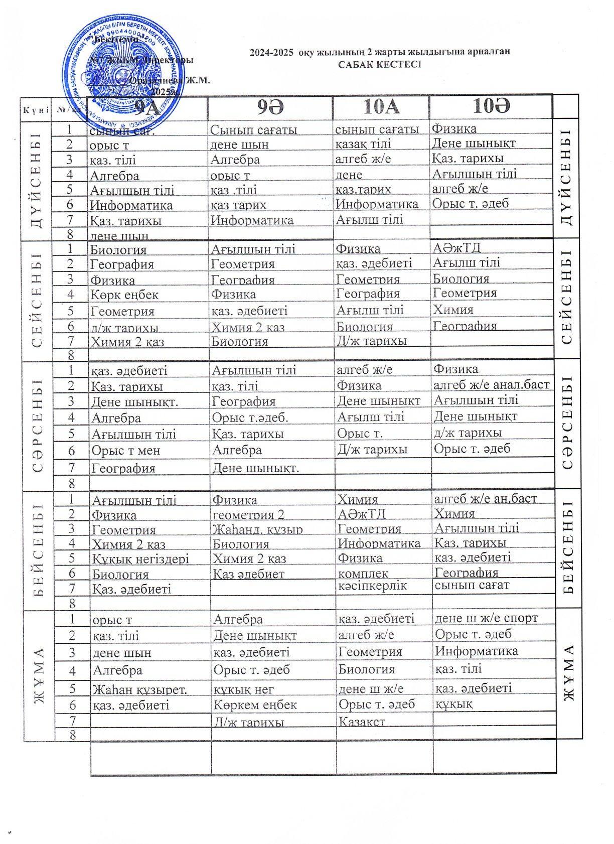 2024-2025 оқу жылының 2 жарты жылдығына арналған САБАҚ КЕСТЕСІ