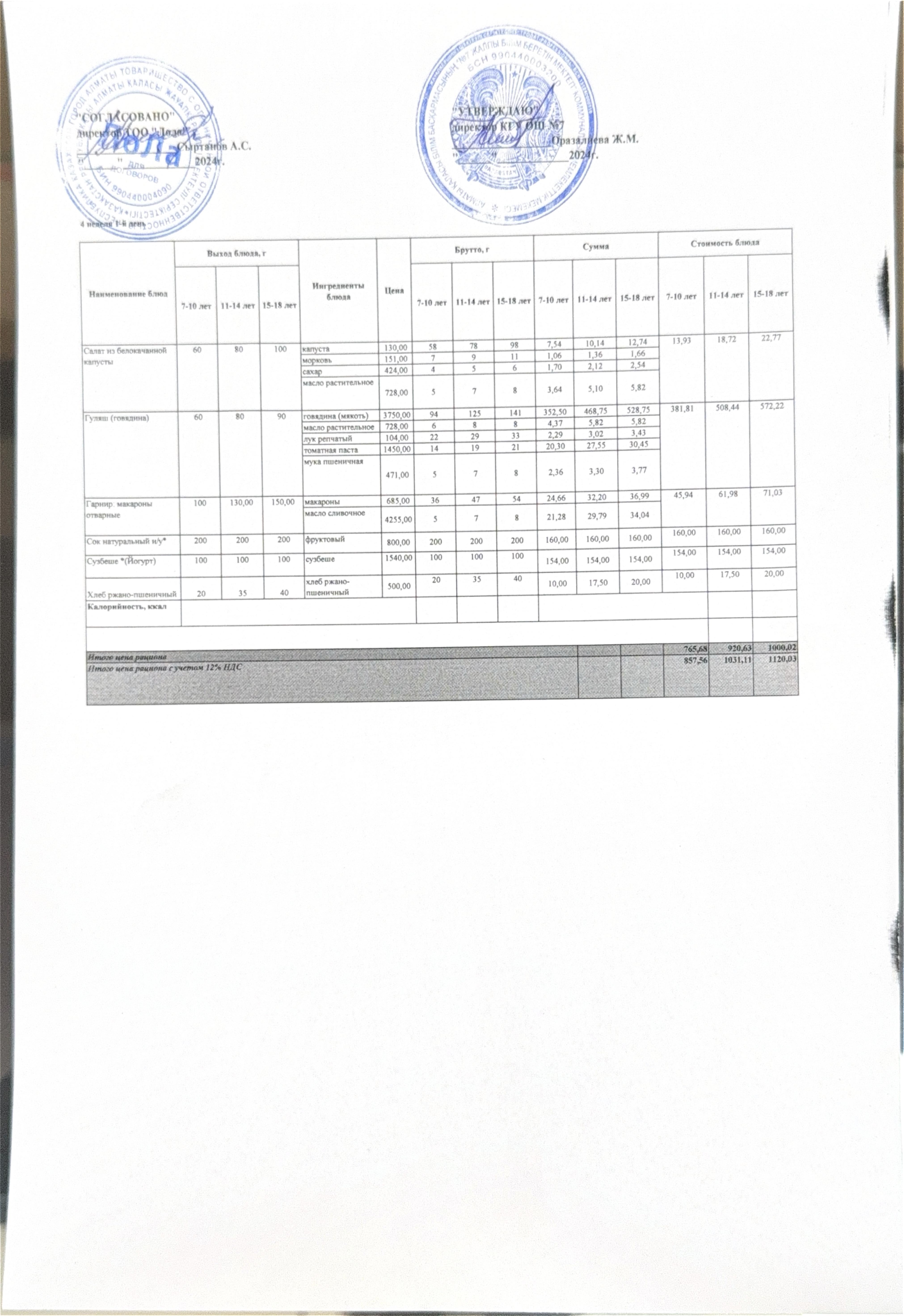 Ас мәзірі 4 апта 1 күн